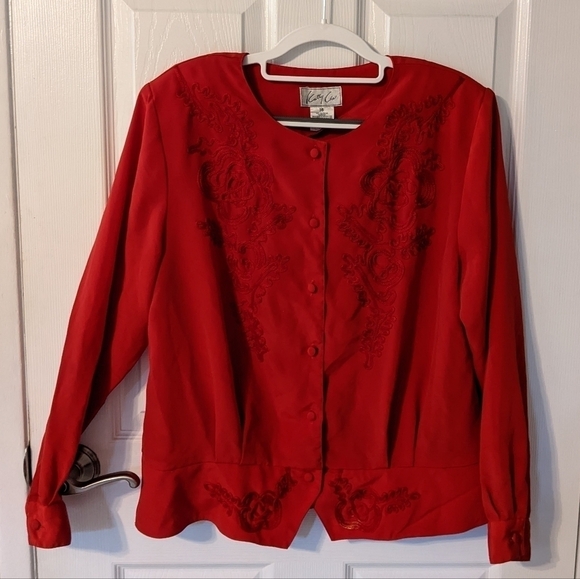 Vintage Embroidered Floral Red Button Front Top from‎ Kathie Che Size 16 - Picture 1 of 8
